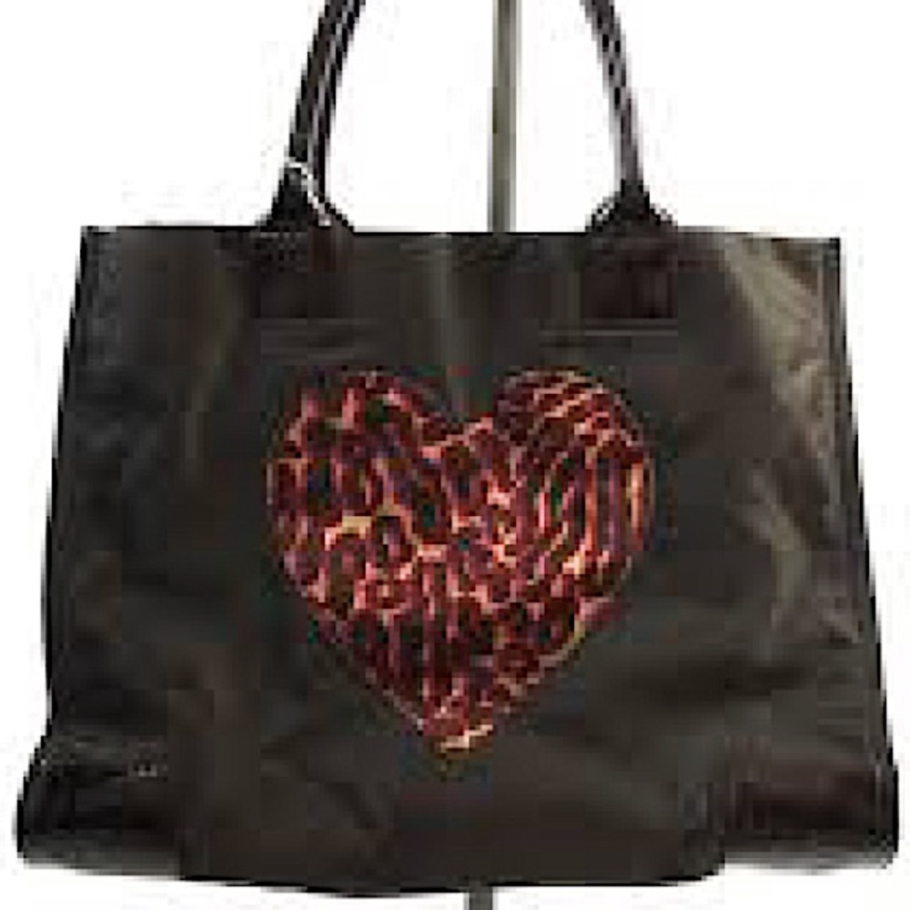 Tory Burch Black Leopard Animal Heart Tote Bag